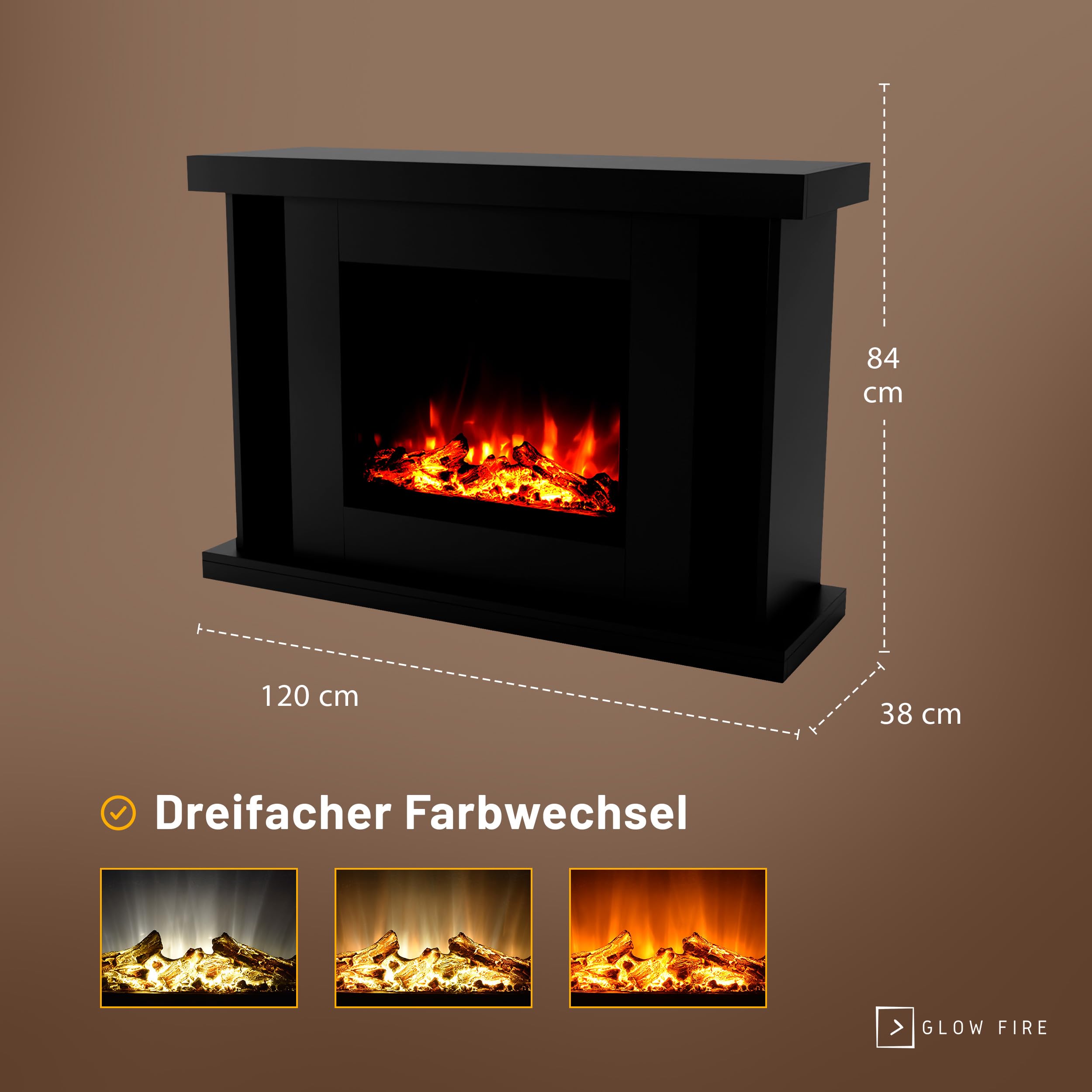 GLOW FIRE Wolnostojący kominek TARVOS - Kominek elektryczny z grzałką, płomień LED w 3 kolorach, nawiew, dekoracja drewniana, pilot, 120x84x38 cm, Czarny