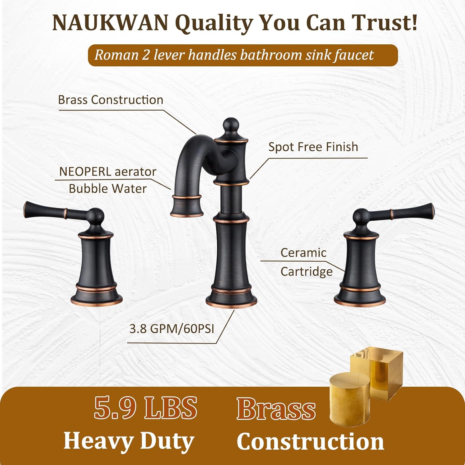 Bathroom Sink Faucet, Roman Stlye Rotated Spout Vanity Basin Faucets 3 Hole 2 Handle 8 inch Widespread Deck Mount Brass Faucet for Sink with Overflow Pop Up Drain Oil Rubbed Bronze NL2204-ORB