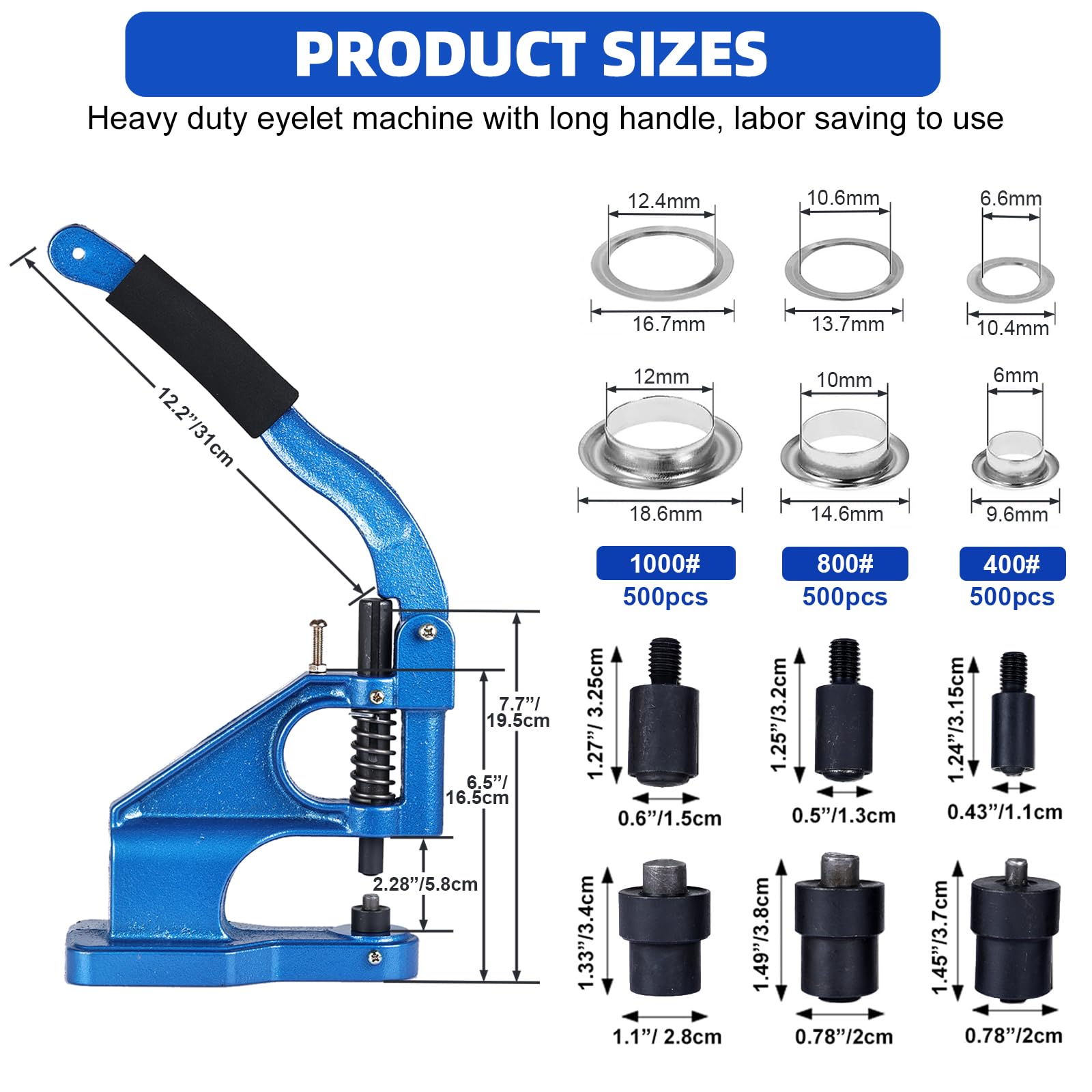 FreeTec Maquina de Ojales, Prensa de Ojales Metalicos con Perforadora y Martillo, 6/10/12mm Manual Máquina de Ojales con 3 Matrices 1500 Ojales Plateado para Lonas Cuero Telas Cortinas Bolsos