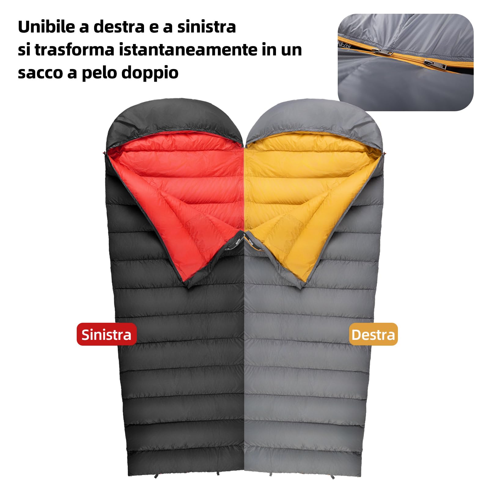 Sacco a Pelo 0 gradi,Fodera in Grafene Antistatico e Super Caldo, Sacco a Pelo in piuma Ultraleggero 620FP, Temperatura Confortevole da 0°C a -8°C, per Trekking Alpino e Campeggio