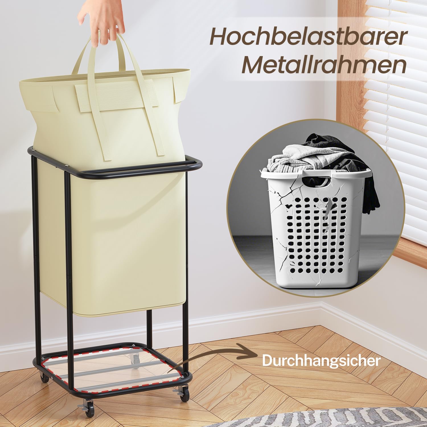 LASZOLA - Cesta grande para ropa sucia con ruedas, 120 L, con bolsa de lona extraíble, carrito de lavandería moderno de metal resistente para baño, lavandería, dormitorio, beige