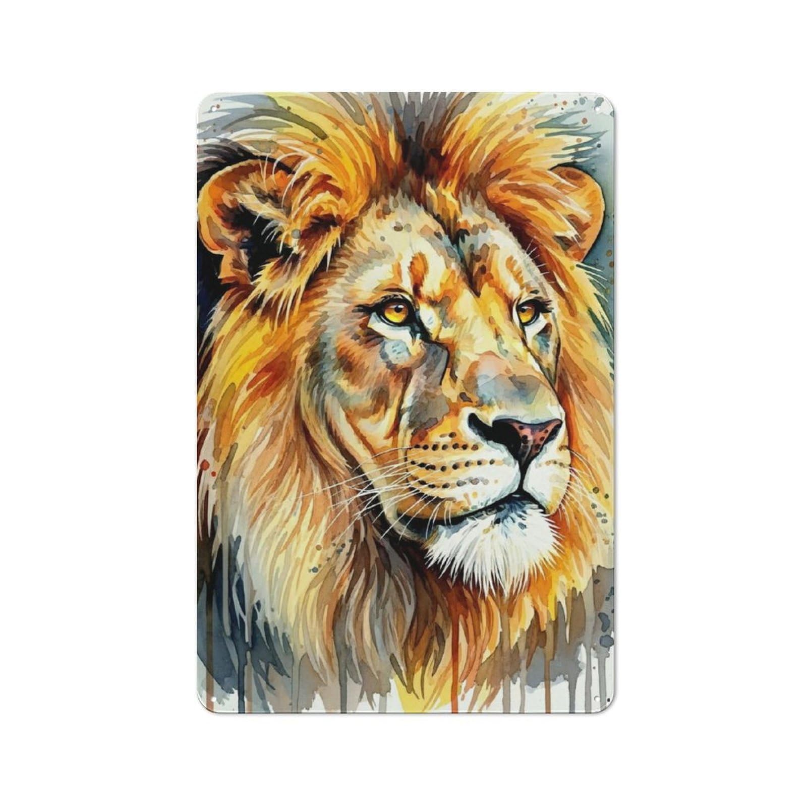 Junmoney Style-13 Tin Wall Plaque 30X20cm With Watercolor Lion Portrait For Home Office Or Studio, For Garage, Workshop And Man Cave Decoration