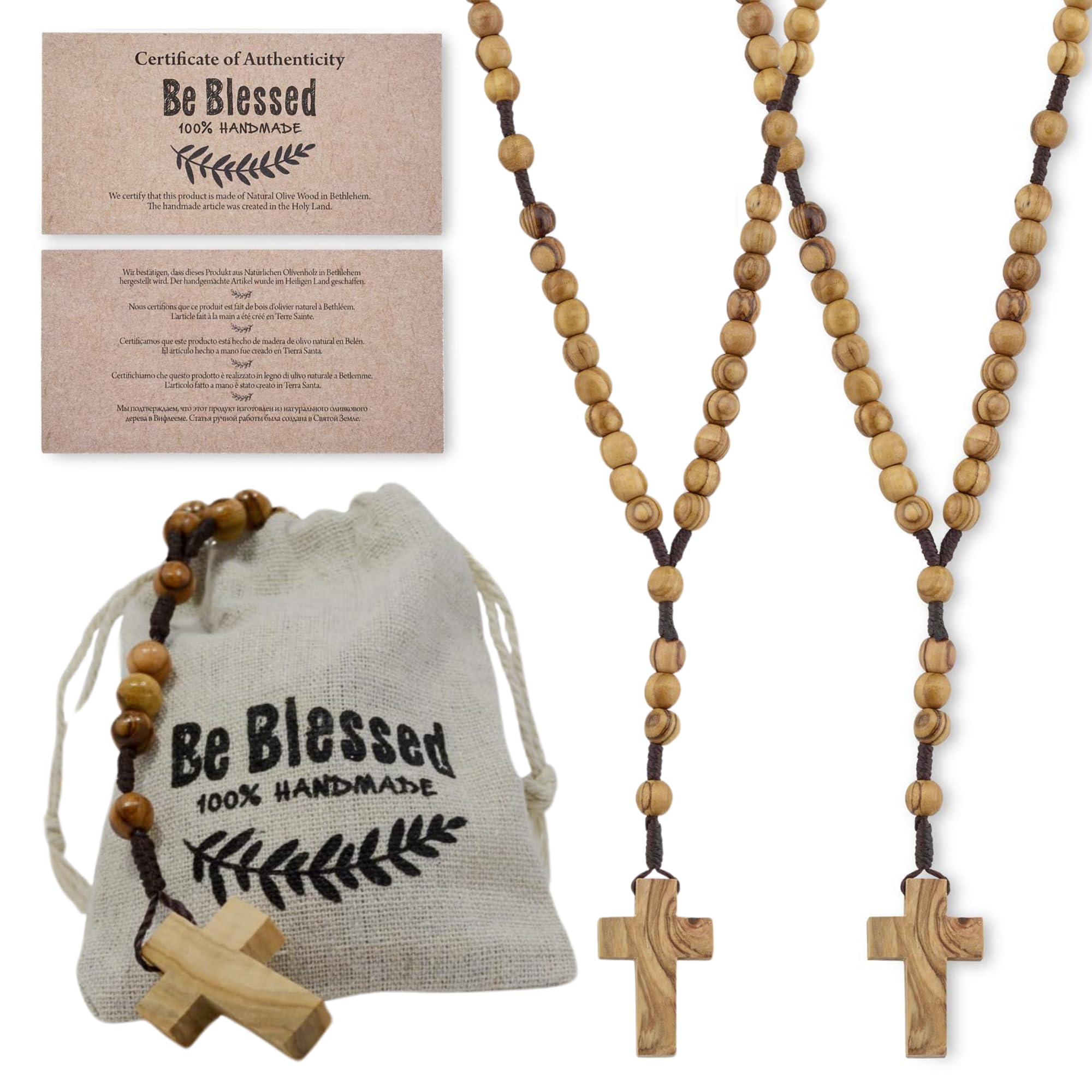 Bethlehem 2-Pack Certified Wooden Rosary from Olive Wood - Our Father Christian Catholic Wooden Prayer Beads in Cotton Rosary Pouch and Authenticity Certificate for Men and Women
