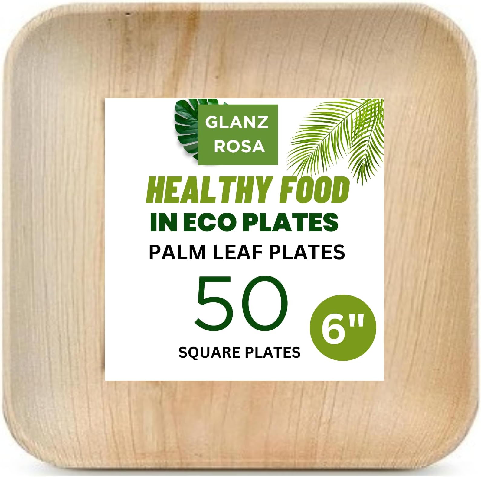 Glanz Rosa Eco-Friendly Disposable Palm Leaf Plates - 6 inch 50 Pack Bamboo Plates Like, Compostable and Biodegradable, Stronger than Plastic and Paper Plates - Perfect for Parties and Events