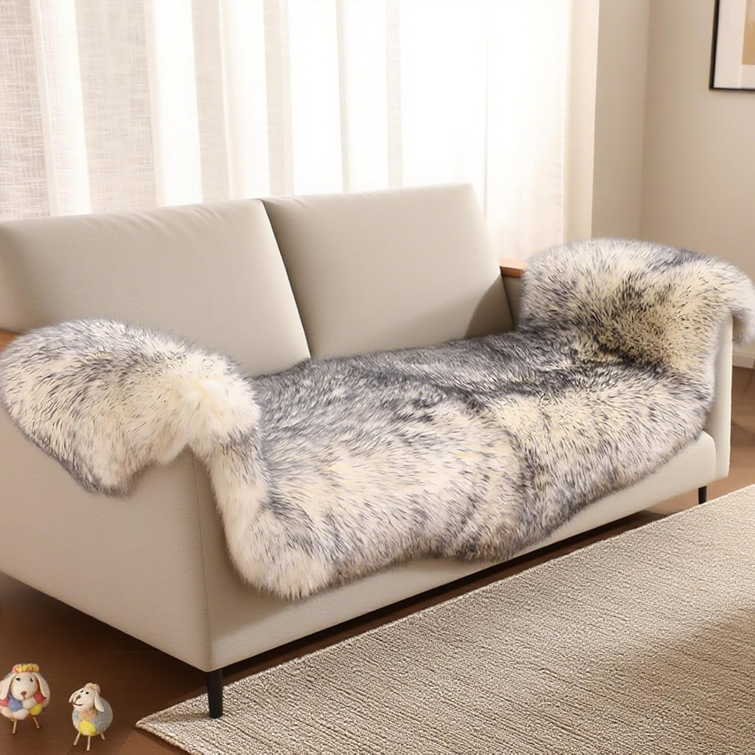 Genuine Sheepskin Rug with Little Patches-Real Wool Throw Carpet Pad for Bedroom Floor Living Room Sofa Fur(Wolf Tipped, 2FT×6FT Patchwork)