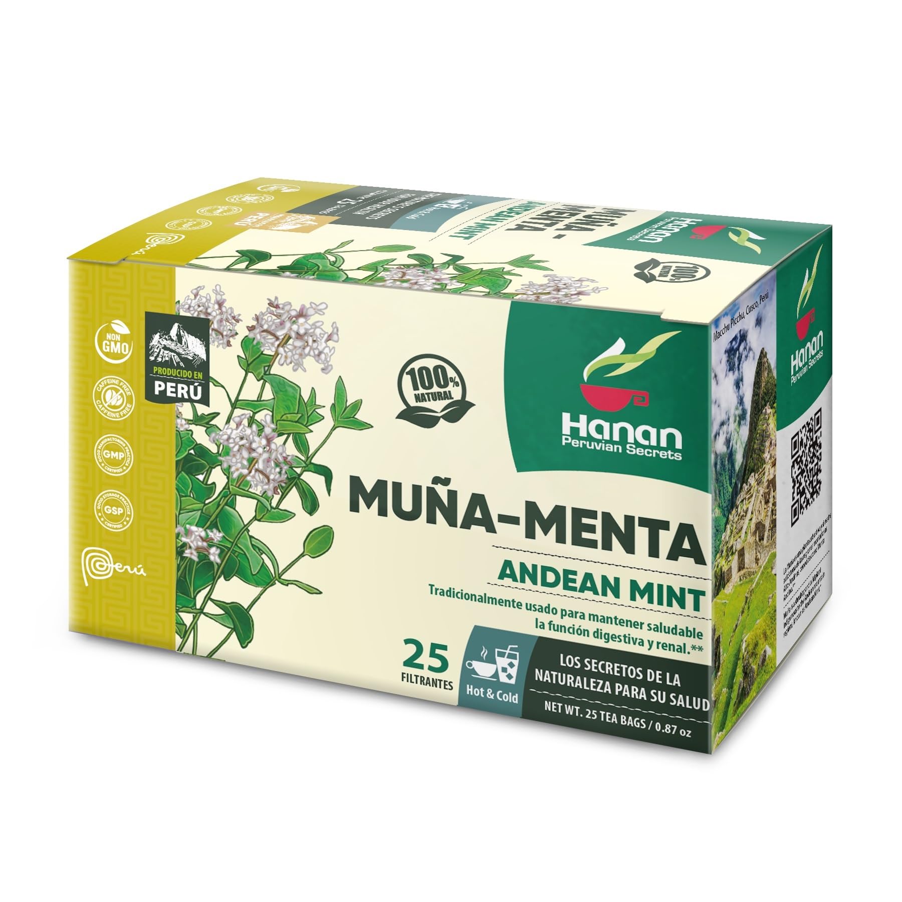 Hanan Peruvian Secrets Muna Herbal Tea | 100% Natural Andean Mint Leaves | 25 Tea Bags | Naturally Supports Healthy Digestion and Kidney Function