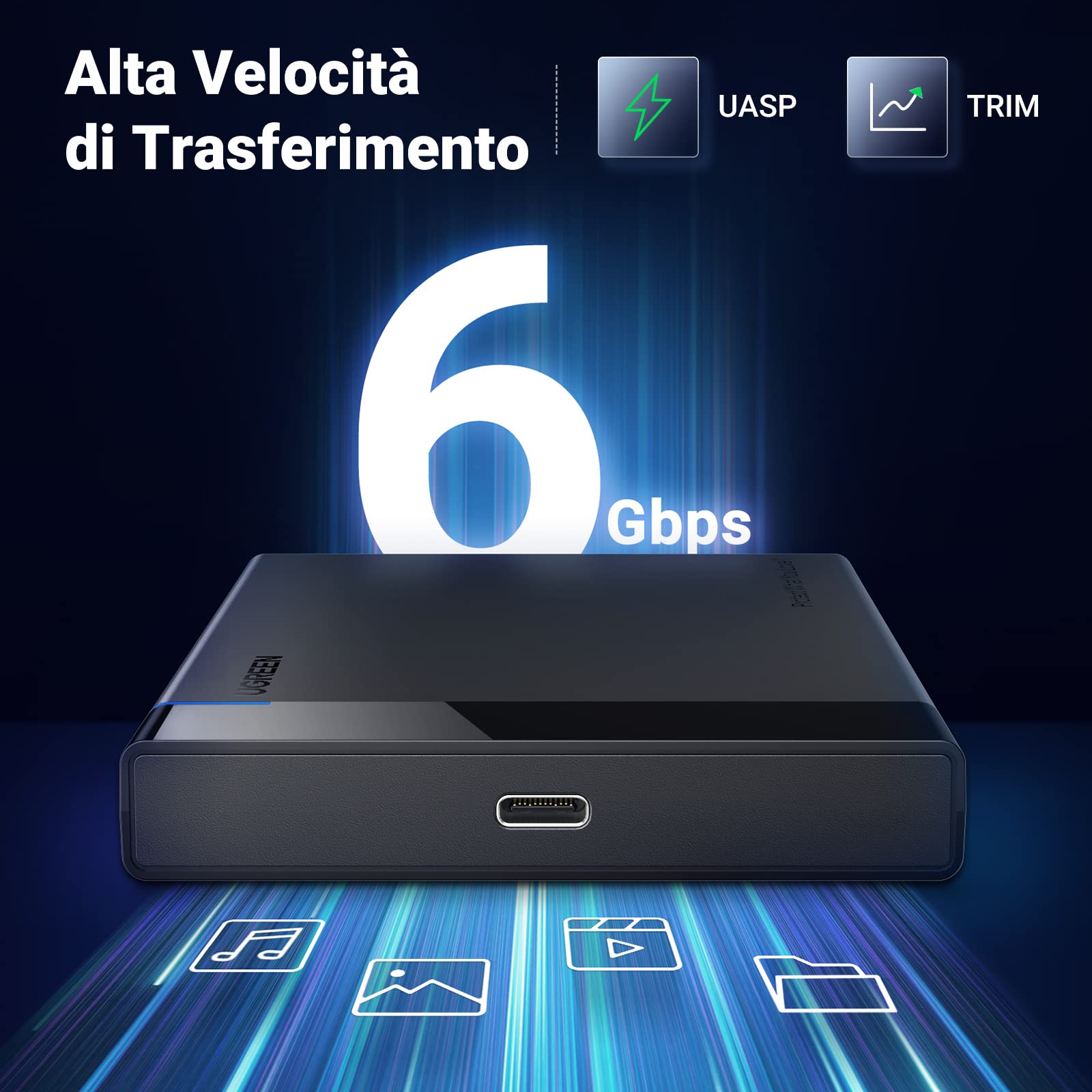UGREEN Case Disco Rigido 2.5" USB C 3.1 Gen 2 UASP 6Gbps, Enclosure Hard Disk per 7mm 9.5mm SATA I II III HDD SSD Compatibile con WD Toshiba Seagate Hitachi, PS4, Xbox