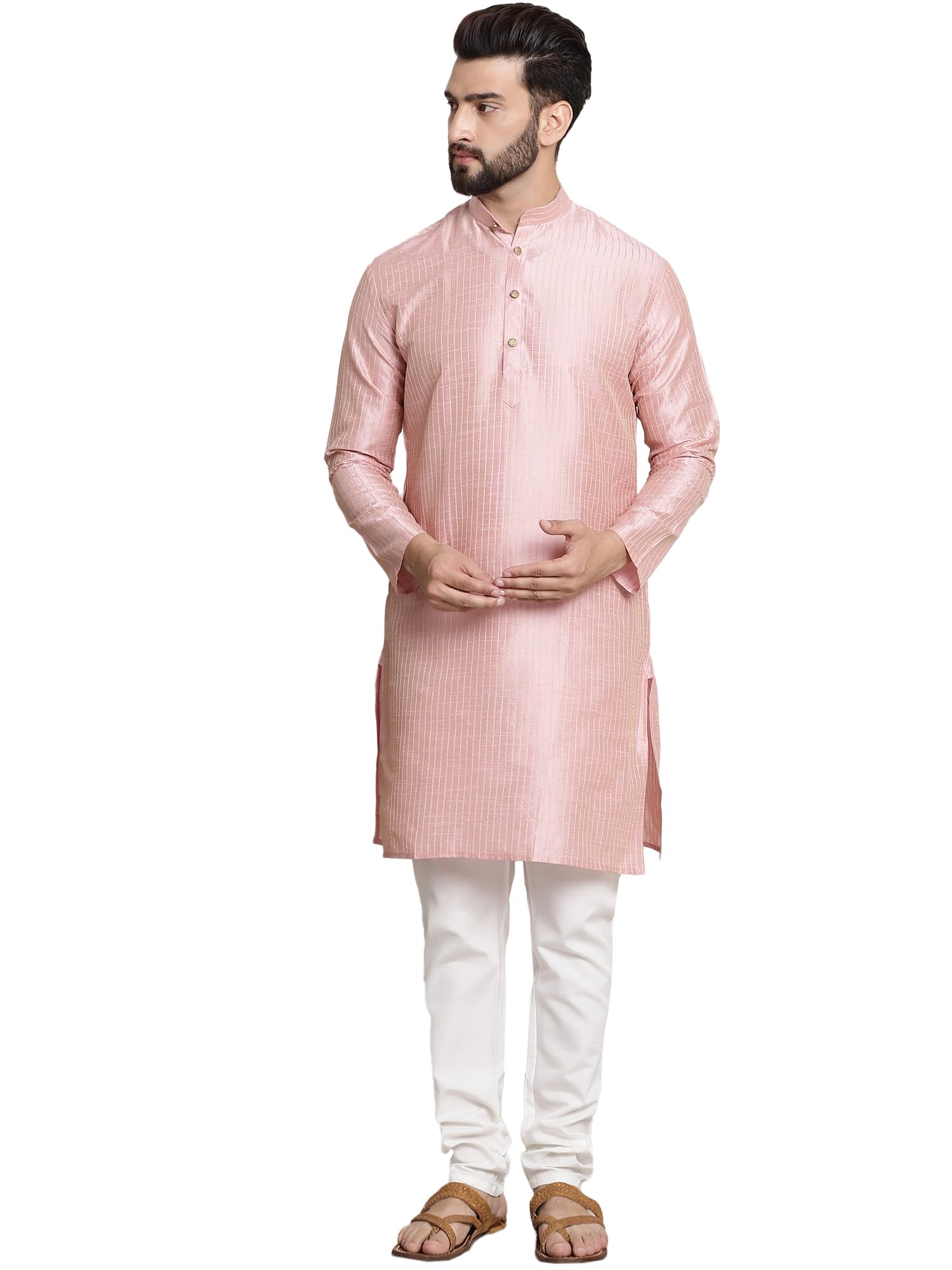 Sojanya (Since 1958 Men's Silk Blend Pink Pintex Kurta And White Churidar Pyjama Set