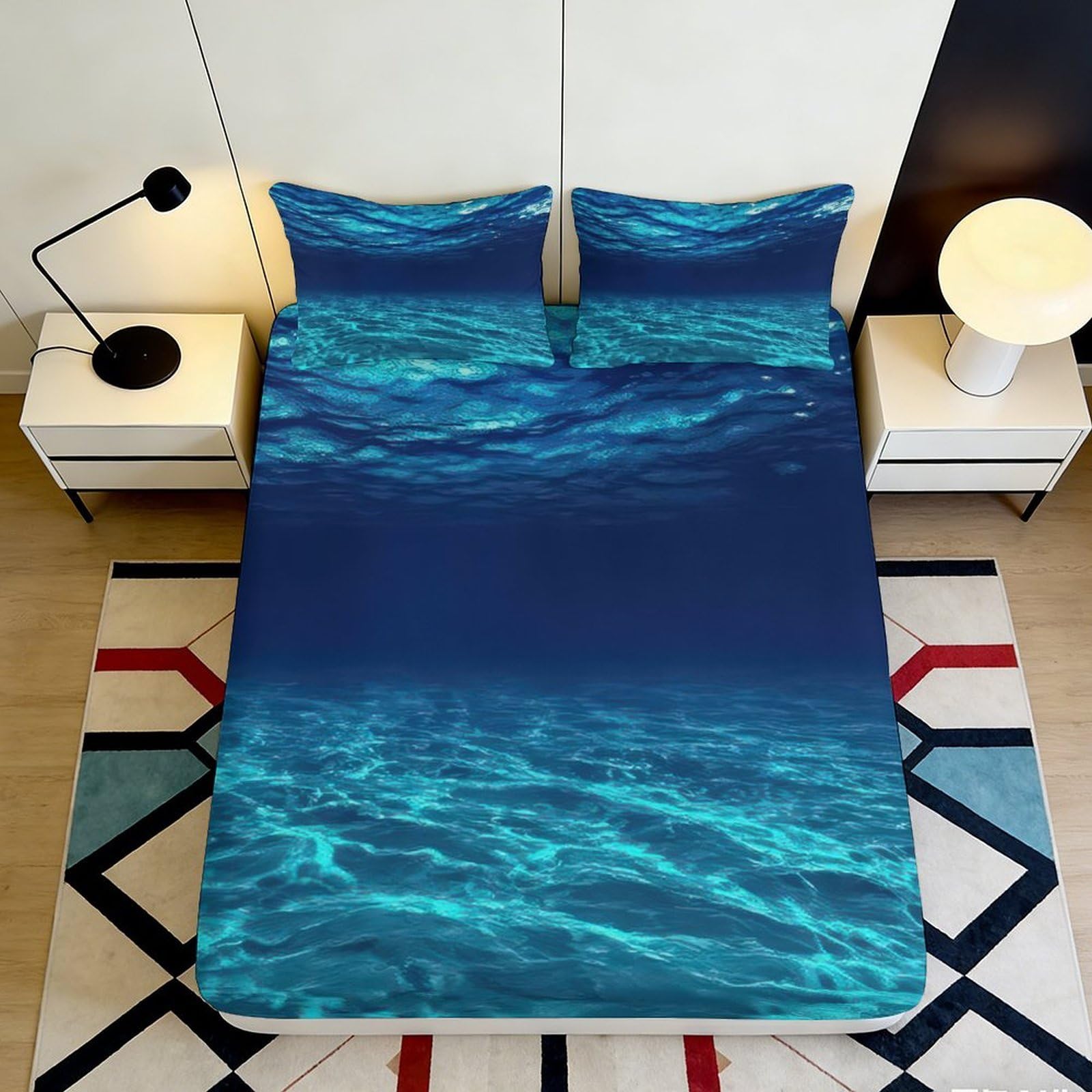 3D Printed Ocean Wave Fitted Sheet Microfiber Deep Pocket Non-Slip Bedroom Ocean Mattress Fitted Cover Washable Full Wrap Protection 200x200x25cm 90x200x25cm