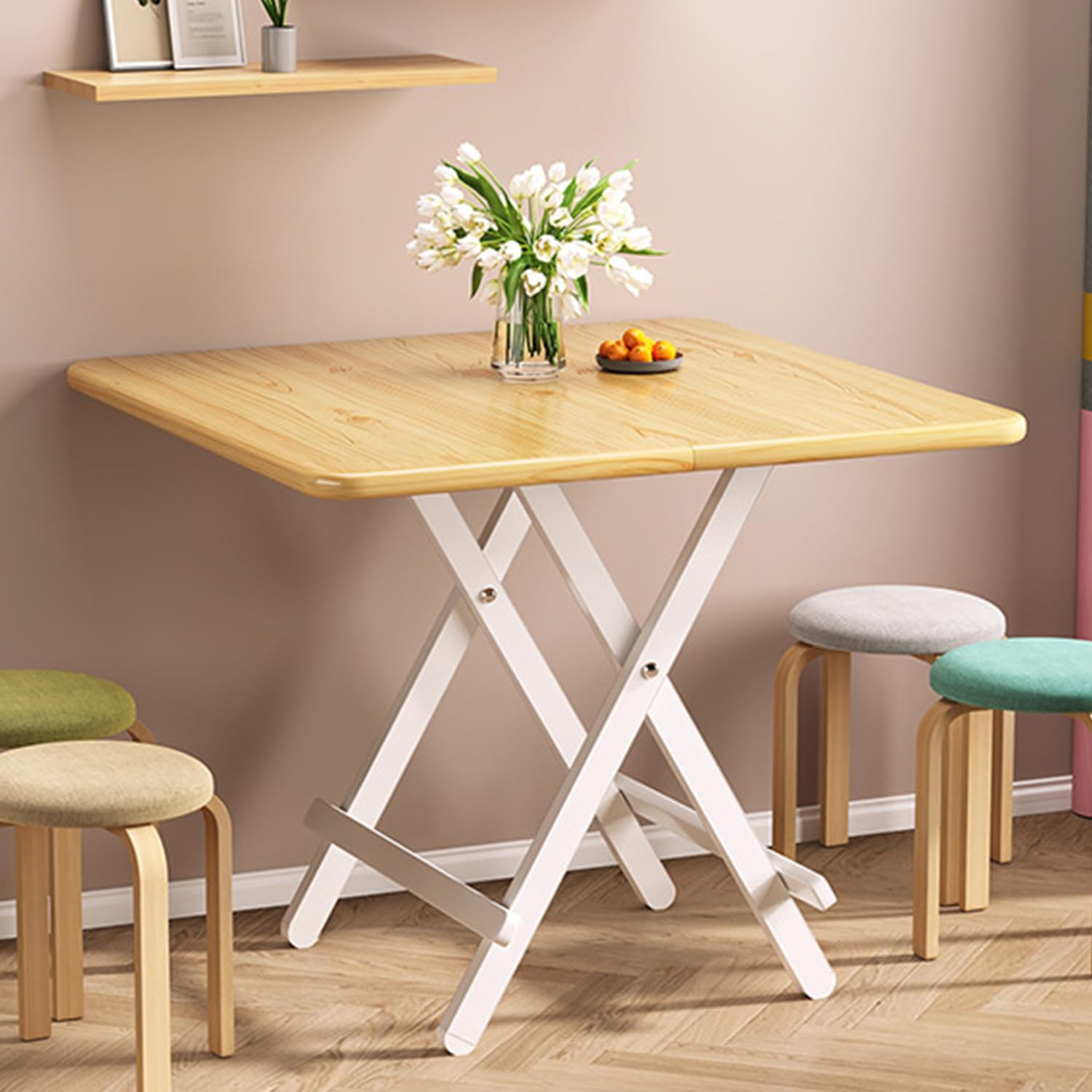 Portable Foldable Dining Table,Kitchen Table Square Folding Multipurpose Card Table Space Saving Drop Leaf Dinner Table Motorhome Table(Wood)