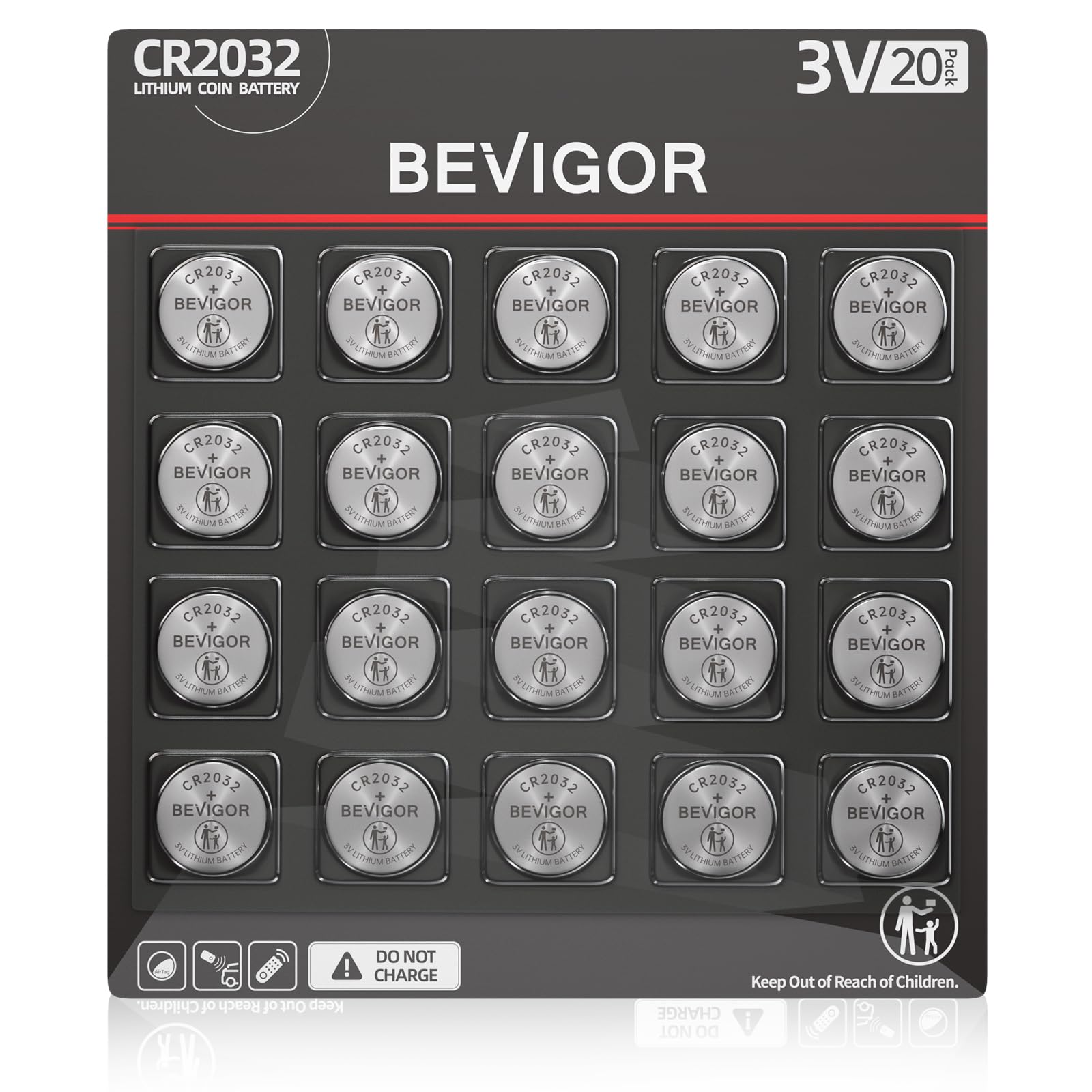 BEVIGOR 2032 Battery Compatible with AirTag CR2032 Lithium 3V Coin Battery for Child Safety, Suitable for Key Fobs, Smart Sensors, Scales, Candles and More 20pcs