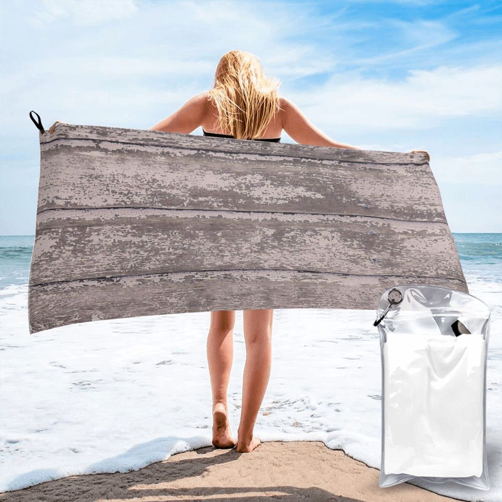Lawenp Rustic Wooden Planks Microfiber Beach Towel Adults Large Quick Drying Bath Towel Travel Towels with Pouch 31.5"x63"
