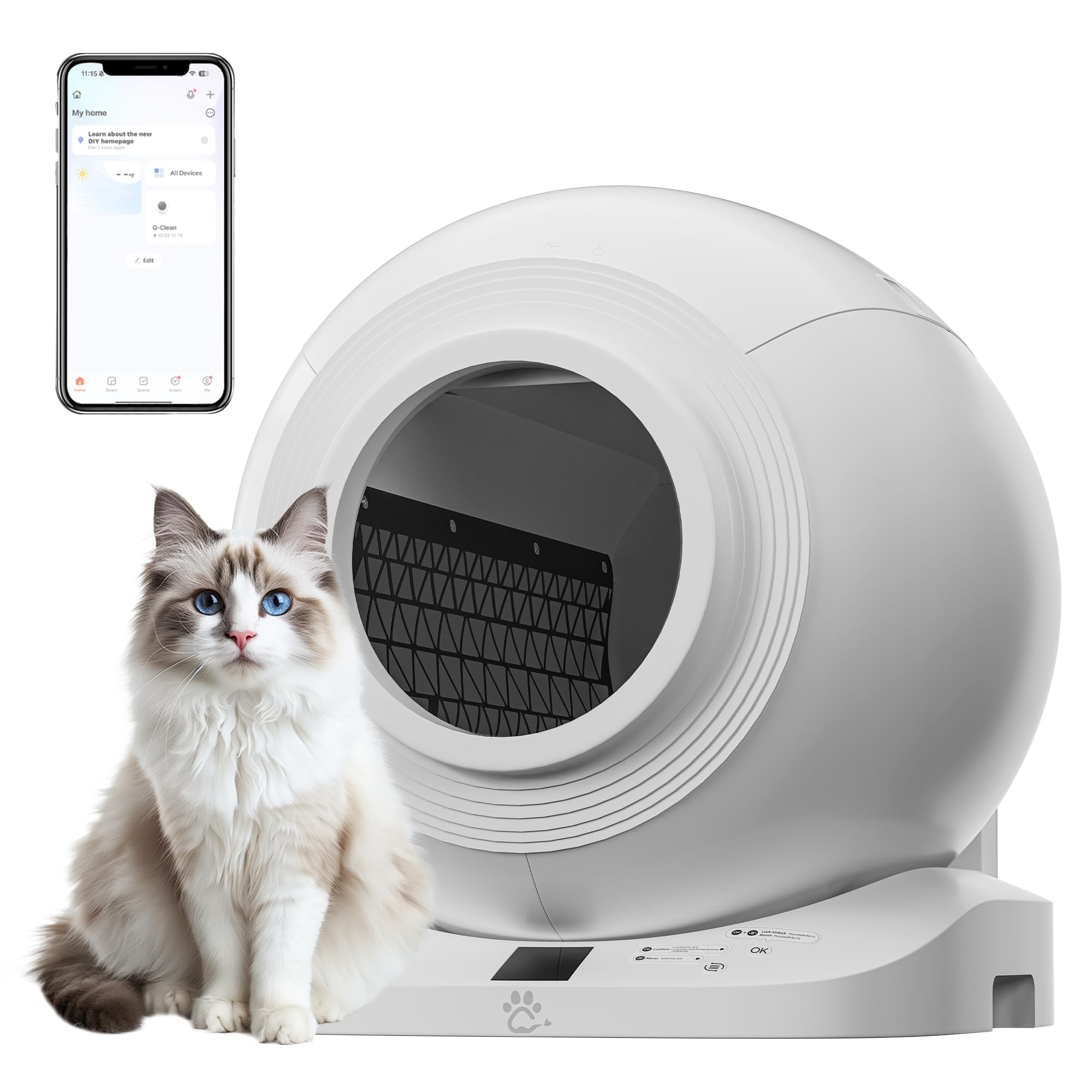 Self Cleaning Cat Litter Box, Automatic Cat Litter Box with APP Control, Smart Litter Box for Cat with Safety Protection & Cat Mat, Odor Preventing, Multi-Cat Friendly