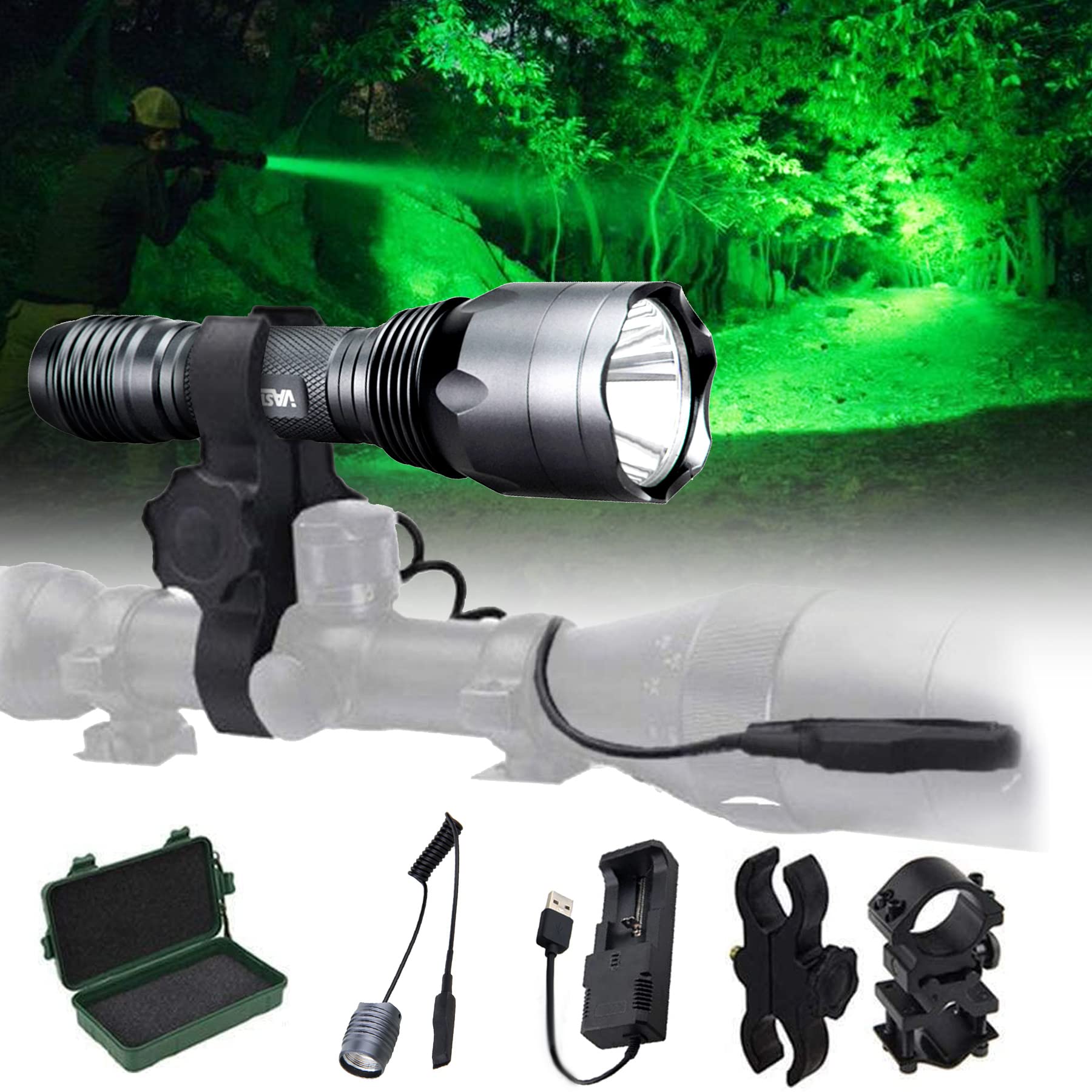 VASTFIRE 350 Yard LED Green Flashlight Kit - Hog Predator Long Range Night Hunting Light - Dual Pressure Switch - Barrel Scope Mounts (1 Rail, 1 Scope) - 2 Rechargeable Batteries