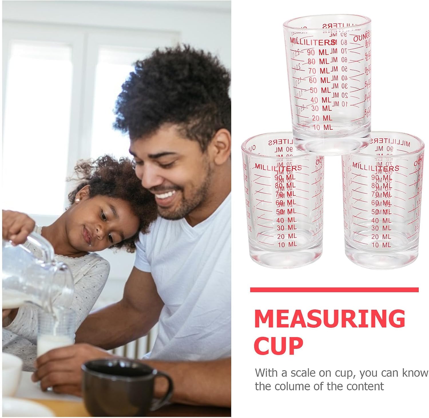 Uonlytech 3 Pcs Glass Measuring Cups with Scale for Baking and Cooking, Red Sturdy Glass Material, Easy to Clean, for Measuring Dough and Cream in Kitchen