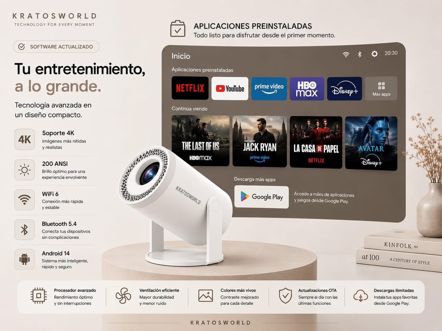 Mini Proyector Portátil Android 14 con Apps Integradas, Soporte 4K, Auto Keystone, Rotación 180°, WiFi y Bluetooth, Duplicación de Pantalla, Compatible con iOS, Android, HDMI y USB
