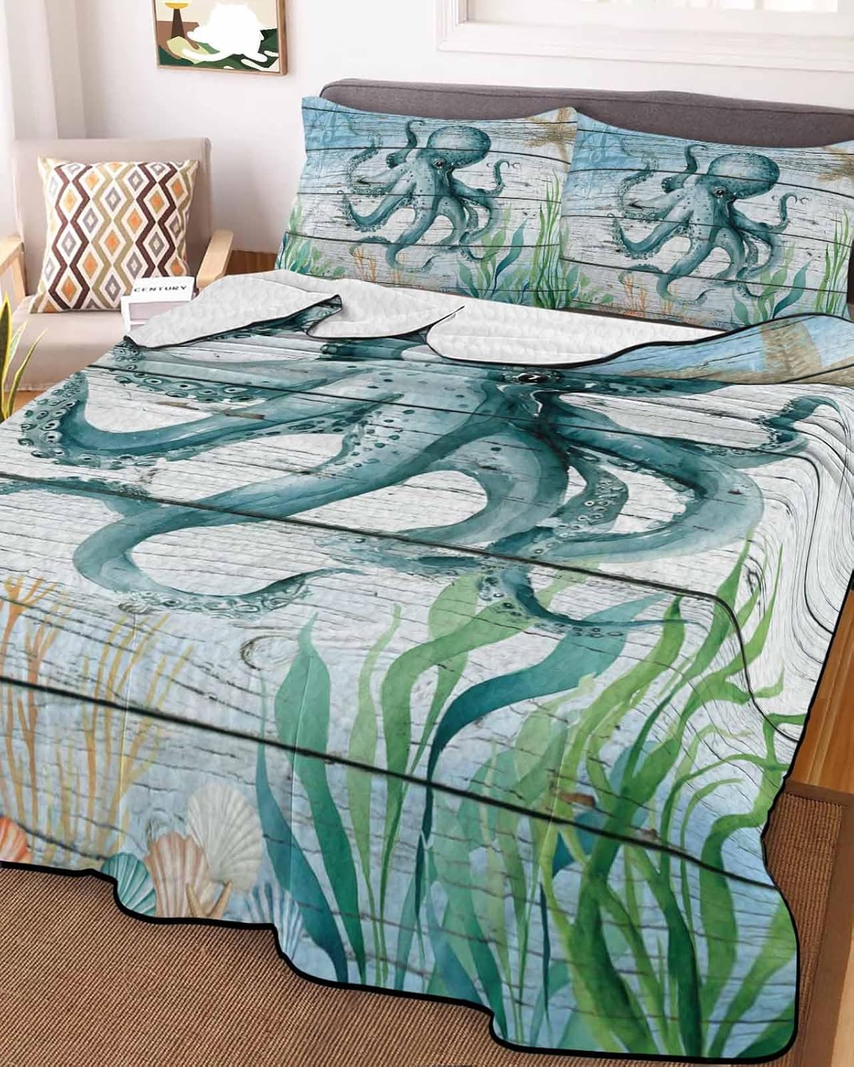 Queen Size Quilt Set, Coastal Octopus Starfish Shells Lightweight Bedspread Coverlet Set Summer Quilt with 2 Pillow Shams, Nautical Compass Retro Wood Board 3 Piece Comforter Bedding Set