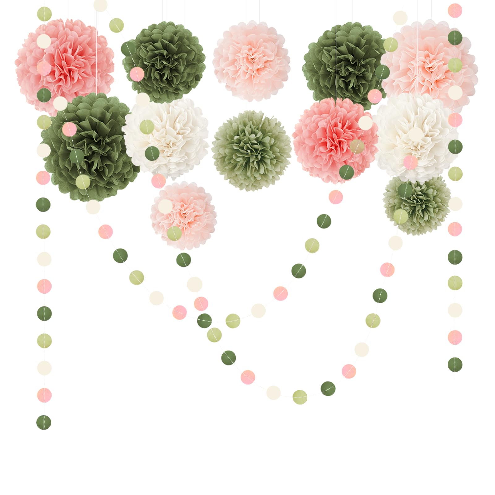 NICROHOME EUR Wedding Party Decorations Set, 15 PCS Pink Sage Green Tissue Paper Pom Poms Dots Paper Garland String Hanging Decor for Bridal Shower Baby Shower Engagement Birthday Spring Summer Party