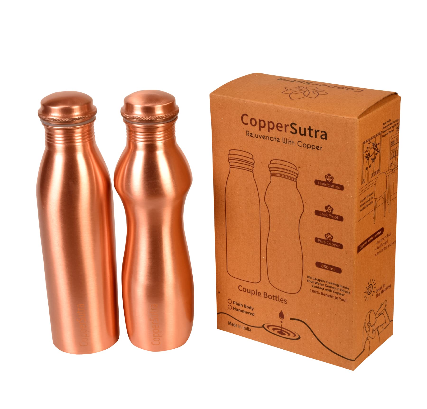CopperSutra Pure Copper Couple Water Bottles Set of 2, (850 ml +