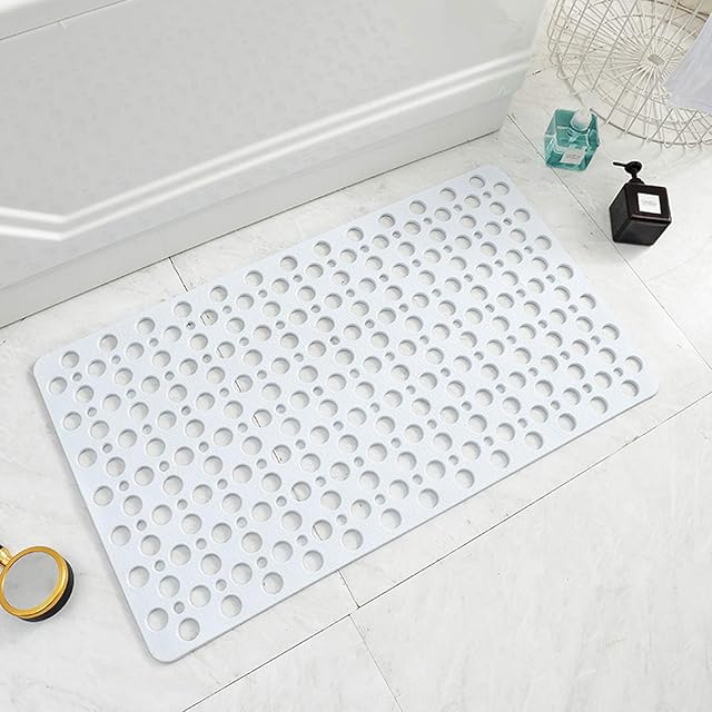 Non Slip Bath Mat Anti Mould Shower Mats TPE Bathroom Bathtub Mat Floor Shower Mats Anti Slip Antibacterial with Suction Cups & Drainage hole Perfect for Everyone Safety White 16.9" x 29.5"/43 x 75cm