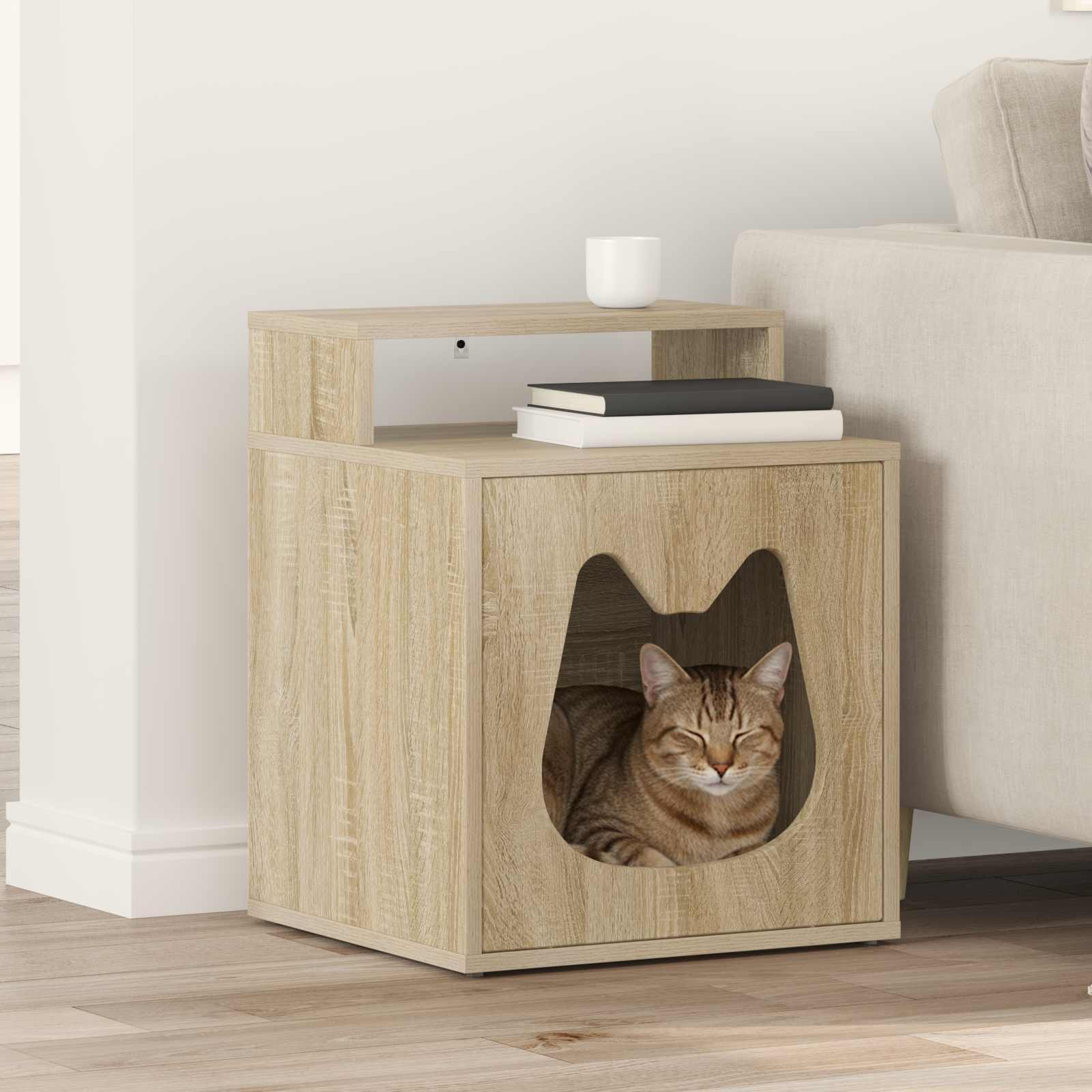 Casa para gatos Sonoma de madera de 42,5 x 40 x 53,5 cm, rectangular, cueva para gatos interior, con kit de montaje, estable, duradera, para salón, árbol de escalada, repuesto y espacio de