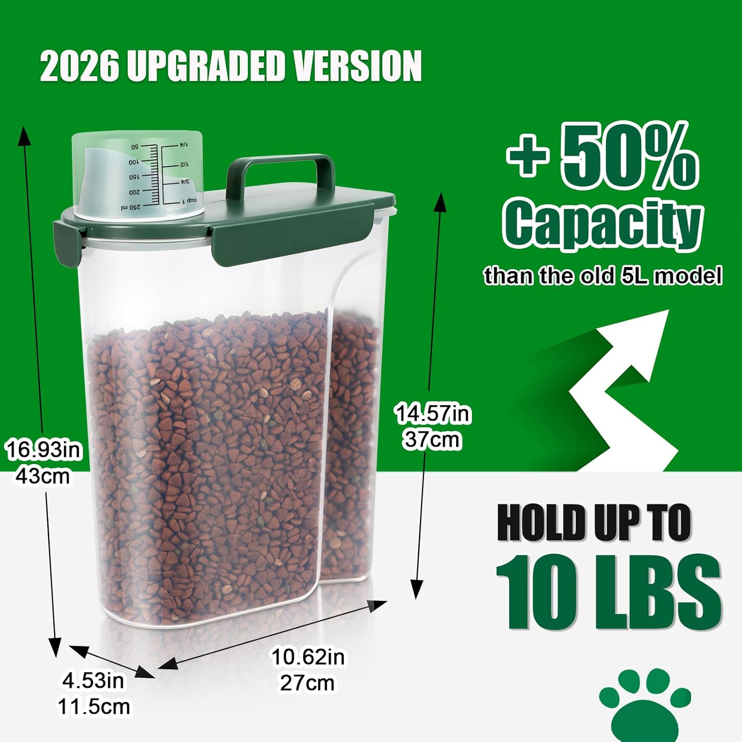 TBMax 10 Lbs Cat Dog Food Storage Container, 2026 Upgraded Large Pouring Container for Pet Food Storage, Bird Seed Dispenser, Portable Travel Kibble Holder -Bottle Green