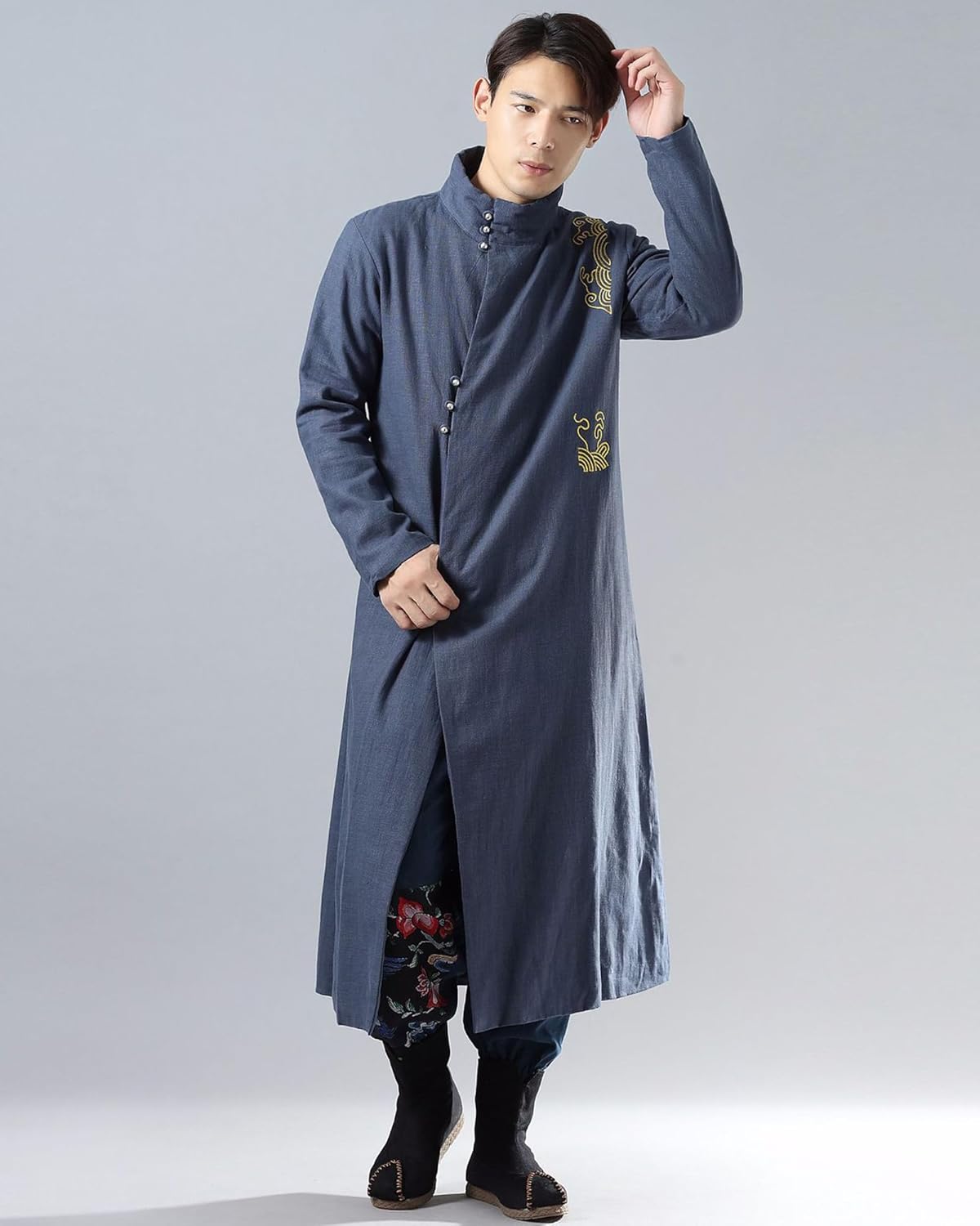 LZJN Men's Autumn Winter Long Jacket Linen Shu Velveteen Warm Coat Traditional Chinese