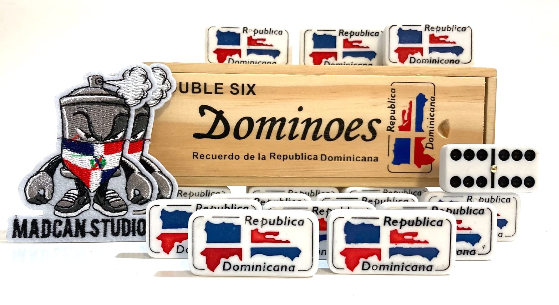 Artist Unknown Dominican Republic Flag Santo Domingo Double Six Dominoes Tiles in Wooden Case - Image 3