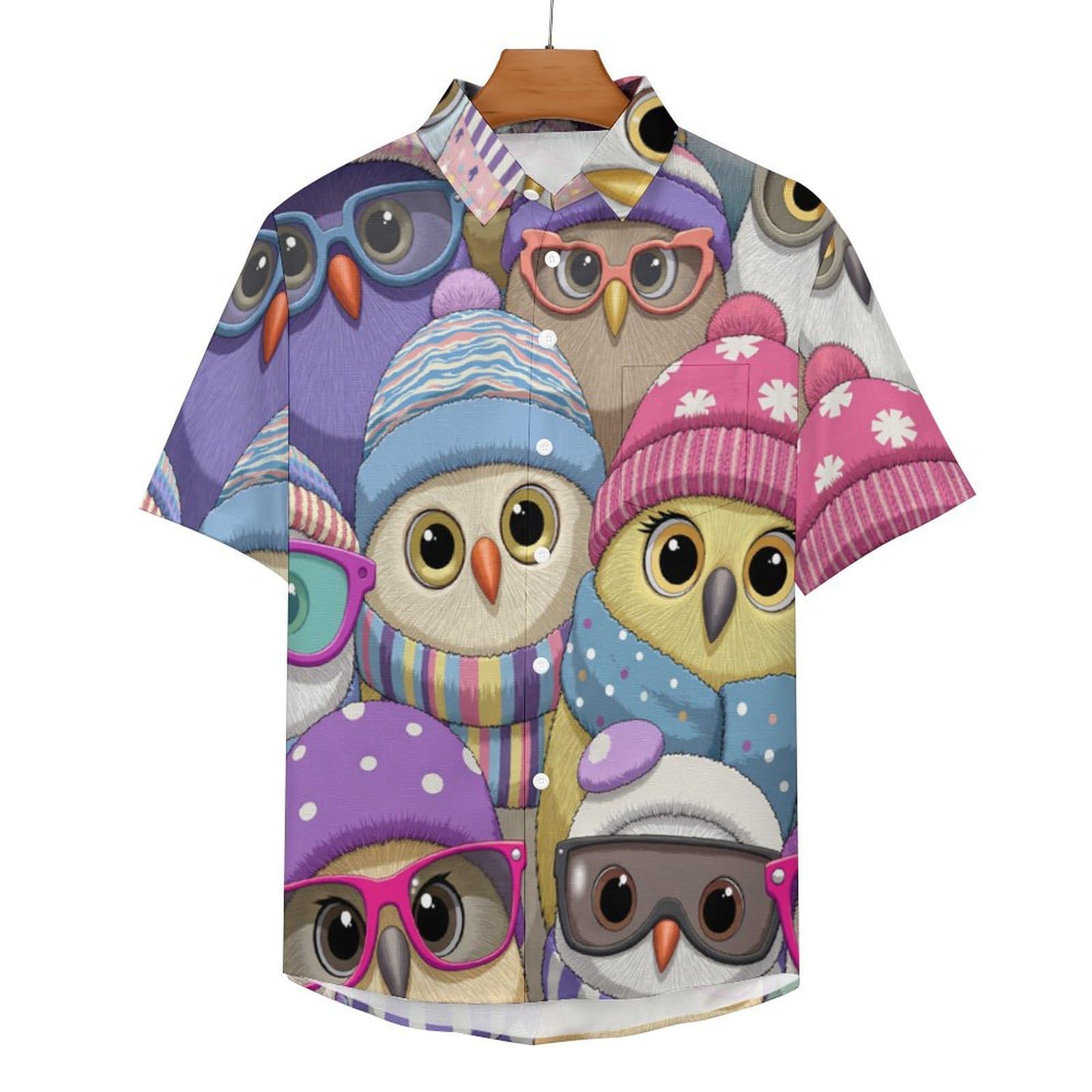 Camicia da Uomo Button Down con Stampa Gufo con Cappello, Cartone Animato Carino Camicia Hawaiana Casual a Maniche Corte Camicie da Spiaggia Camicie da Vacanza