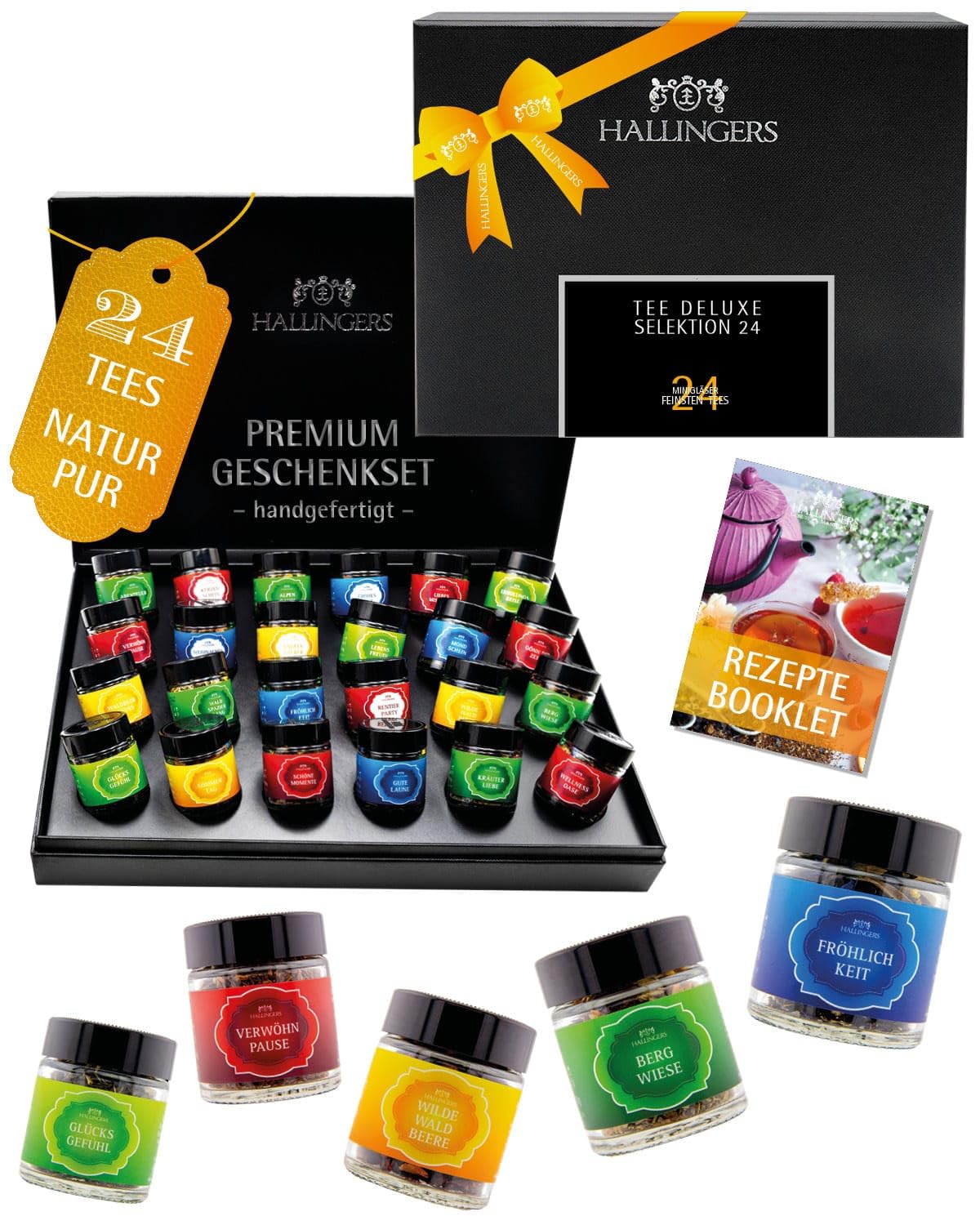 Hallingers Genuss Manufaktur Tee Geschenk-Set 24 Sorten Premium Loser Tee Probierset Geschenkbox