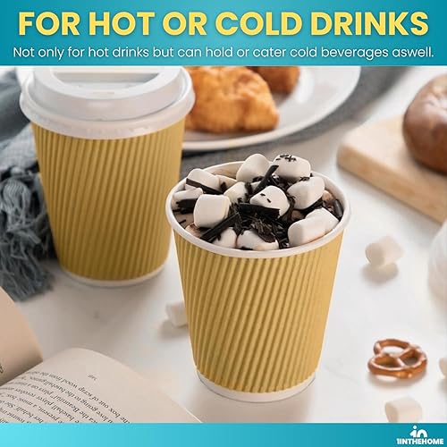 Miniatura 7 de Tazas de café desechables con tapas, tazas de papel de 10 onzas, pared ondulada aislada, paquete de 50