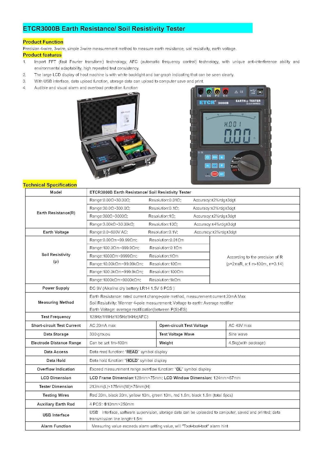 ETCR3000B High Accurate2/3/4 Wire Earth Voltage Resistance Soil Resistivity Tester,Measuring Range: 0.00Ω~30.00kΩ Testing Voltage: 0.0~600V AC(ETCR3000B)