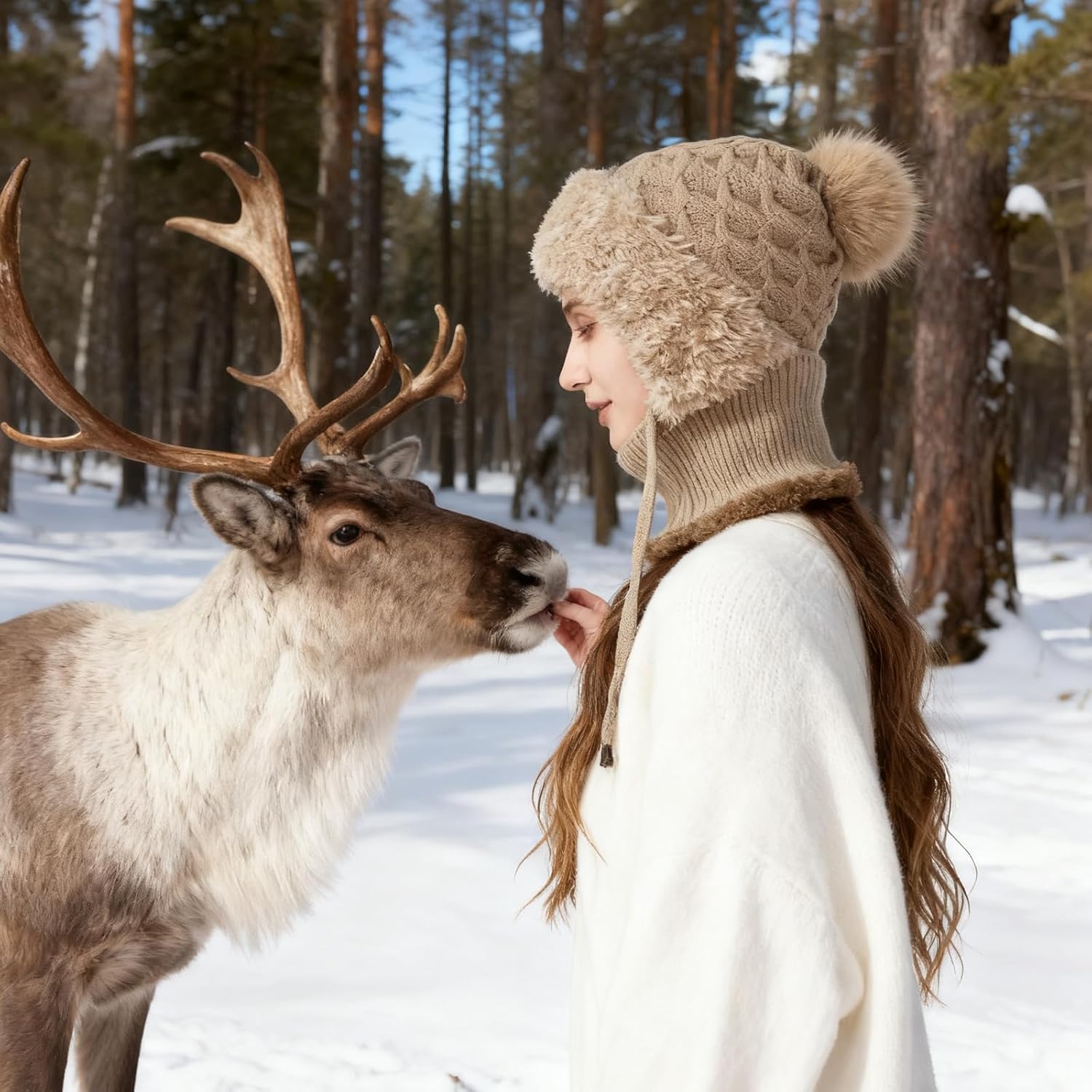 Beanie Hat for Women, 3 in 1 Winter Hat Scarf Mask Set, Windproof Warm Plush Knit Hats with Pompom for Cold Weather - Image 6