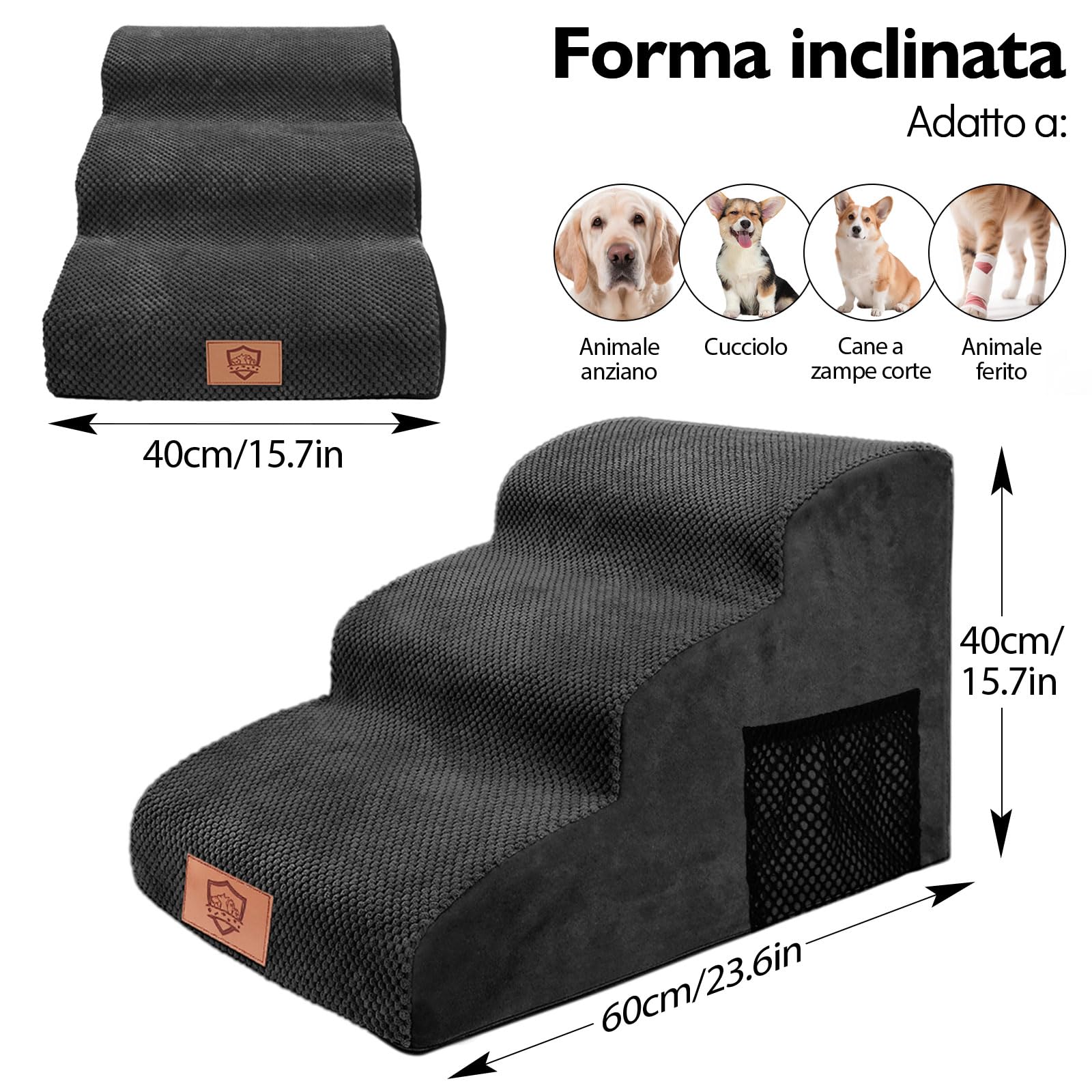 MASTERTOP Scale per Cani a 3 Gradini in Spugna, Scala Antiscivolo per Animali Domestici, Scaletta Spugna Ccuccioli per Divano Letto con Fodera Rimovibile e Lavabile (Nero)