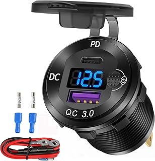 12V USB C Aluminum Car Charger Socket, 12 Volt Outlet, PD 20W and Quick Charge 3.0 18W Car USB Port Waterproof with Voltmeter & Power Switch, Suitable for Marine Truck Motorcycle Boat Golf cart RV