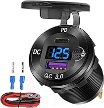 Car Charger 12V USB C Aluminium, USB Socket 12 Volts, PD 20 W and Quick Charge 3.0 18 W U-S-B Port Waterproof Car Charger with Voltmeter & Power Switch for Marine, Truck, Boat