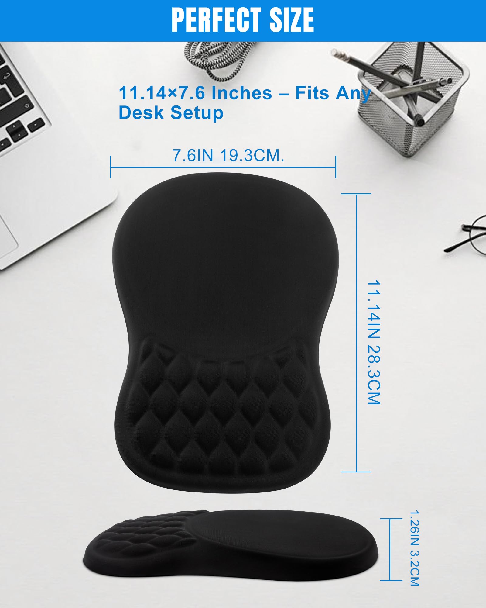Ergonomic Mouse Pad with Wrist Rest, Slope Design Memory Foam Support, Smooth Lycra Surface, Non-Slip PU Base, Comfortable Mouse Mat for Office, Home, Computer Desk, Black