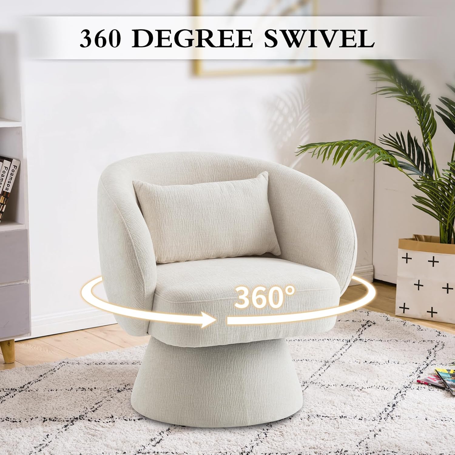 Swivel Accent Chair, Sherpa Bucket Chair Velvet Upholstered Armchair, 360° Swivel Bucket Shaped Armchair with Pillow and Round Back, for Living Room, Bedroom, Nursery (Beige)
