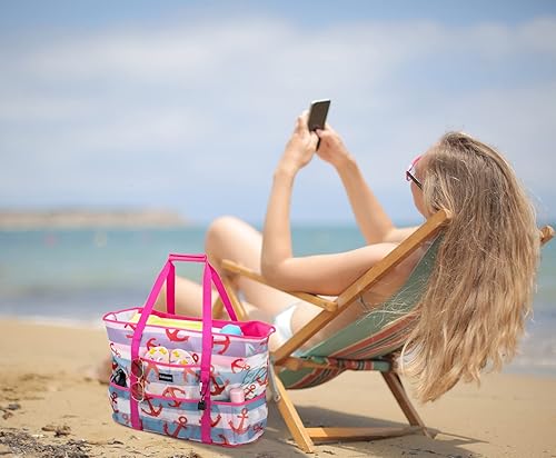 Miniatura 5 de Bolsa de playa de malla, bolsas de playa extra grandes con 9 bolsillos y cremallera, impermeable, ligera, bolsa de playa para viajes a la