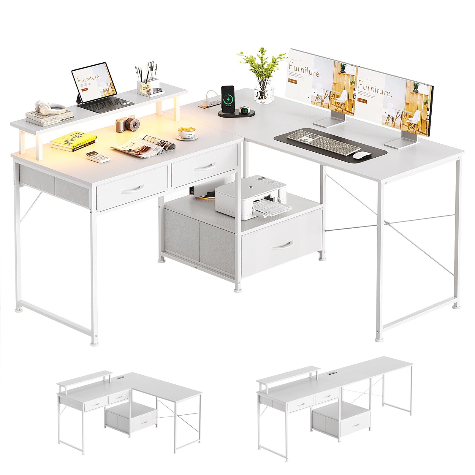 MUTUN L Shaped Computer Desk with Power Outlet & LED Lights, 128x120 cm Reversible Corner Gaming Desk with Drawers, 2 Person Office Study Table Computer Workstation for Home, White