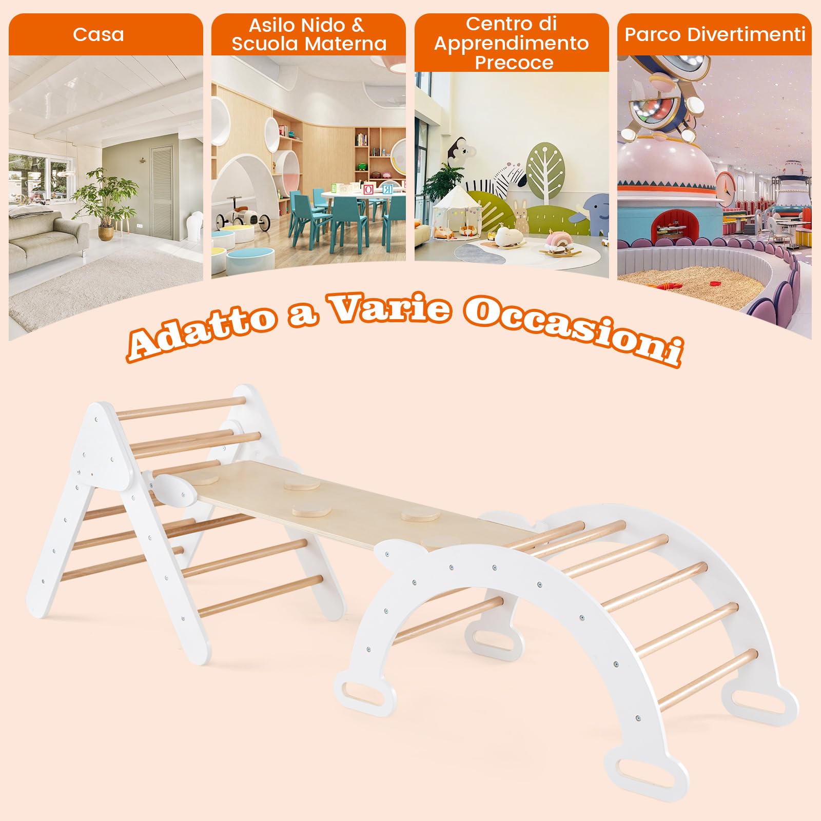 Triangolo Di Arrampicata 3 In 1 Per Bambini – Con Rete, Scala, Tavola E Scivolo, Struttura In Legno Di Faggio, Per Uso Interno, Colore Bianco