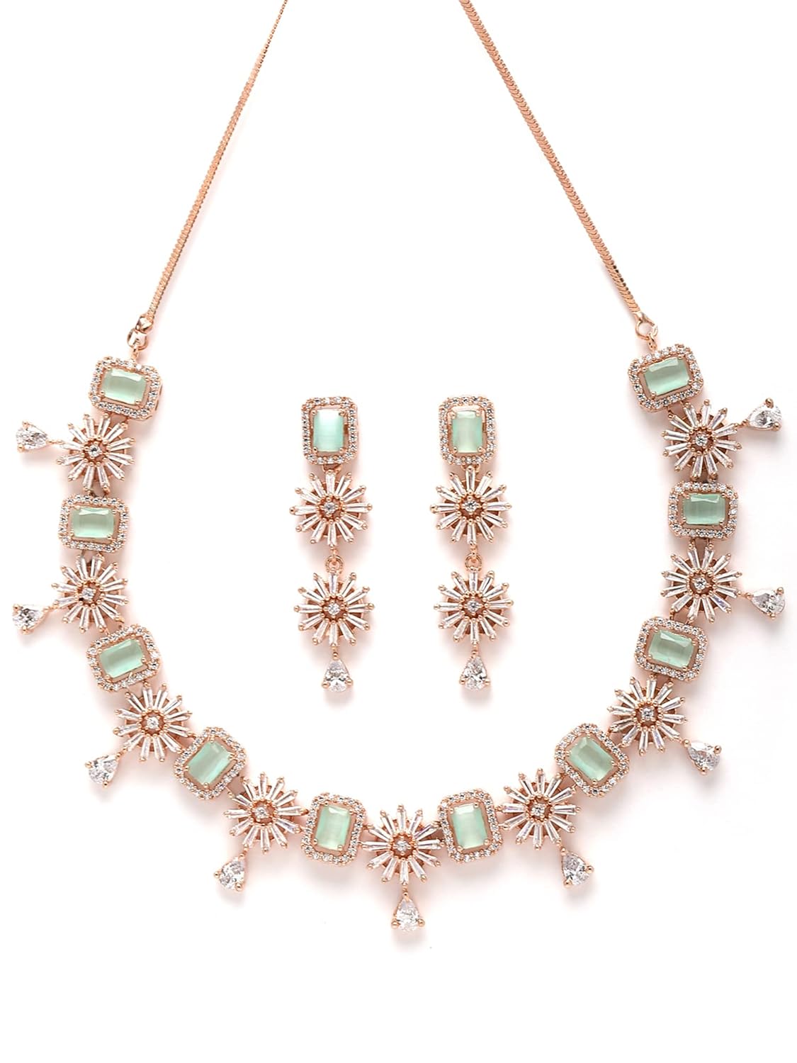 Karatcart Rose Gold Plated Light Green American Diamond Necklace Set for Women
