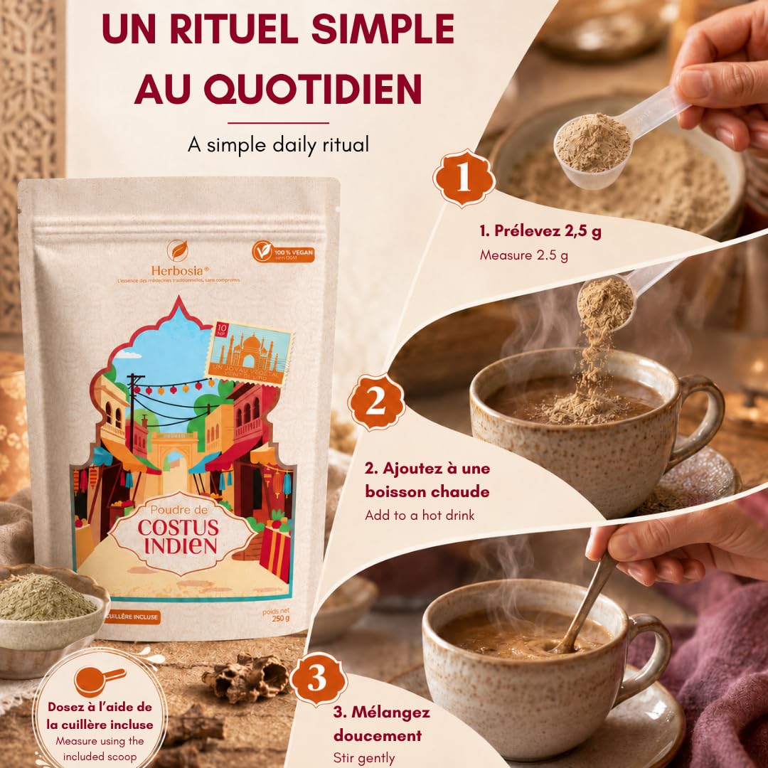 Poudre de Costus Indien 250 g – Racine en Poudre – 100% Végan Sans OGM – Texture Fine & Arôme Intense – Sachet Refermable + Cuillère Doseuse