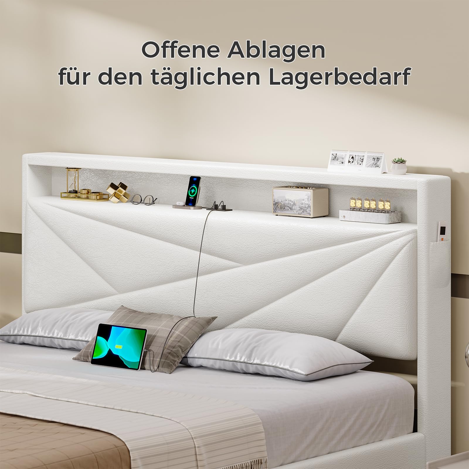 KIMENICH Bett 140 X 200 mit LED Beleuchtung, Polsterbett mit Steckdosen, Kopfteil mit Stauraum, Bettgestell mit Lattenrost, Schlafzimmer, PU weiß
