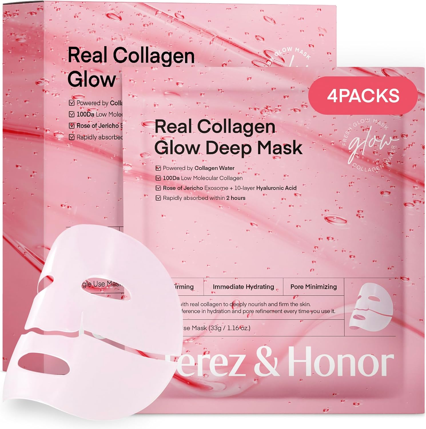 Collagen Mask Overnight Korean Skincare: Face Mask for Hydration, Wrinkle Reduction & Pore Refinement with Hyaluron – Real Deep Collagen Mask for Glass Skin, 4pcs x 33g [Made in Korea]