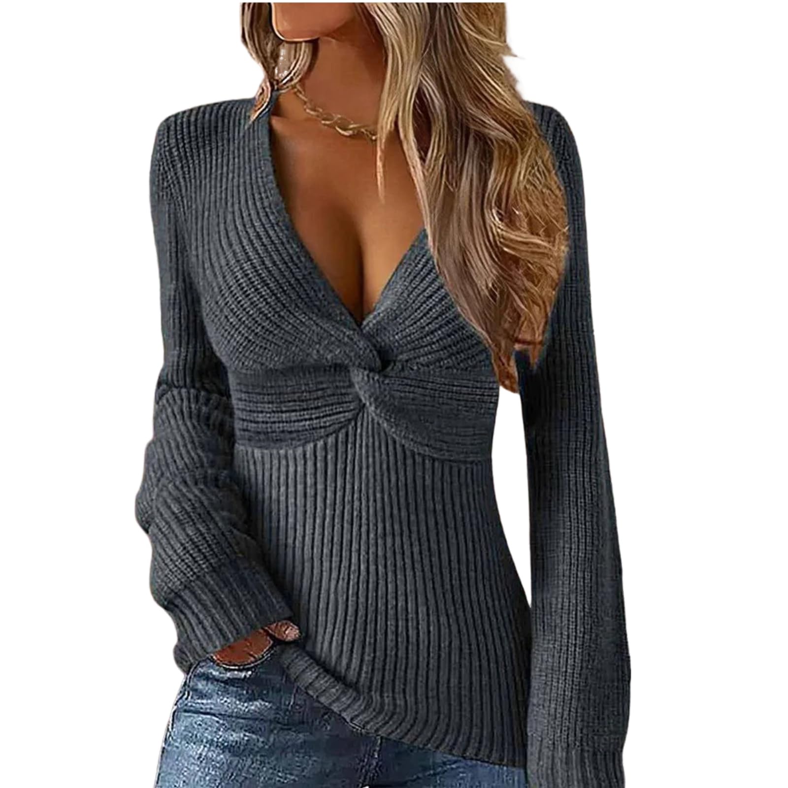 Womens Grey Deep V Neck Ribbed Knit Sweater Long Sleeve Slim Fit Twist Front Pullover Top 2025 Trendy