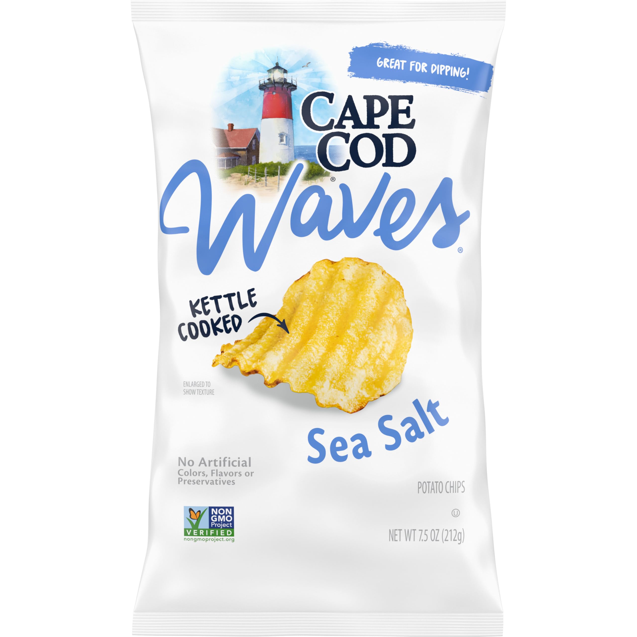 Waves Potato Chips, Wavy Cut Sea Salt Kettle Chips, 7.5 Oz