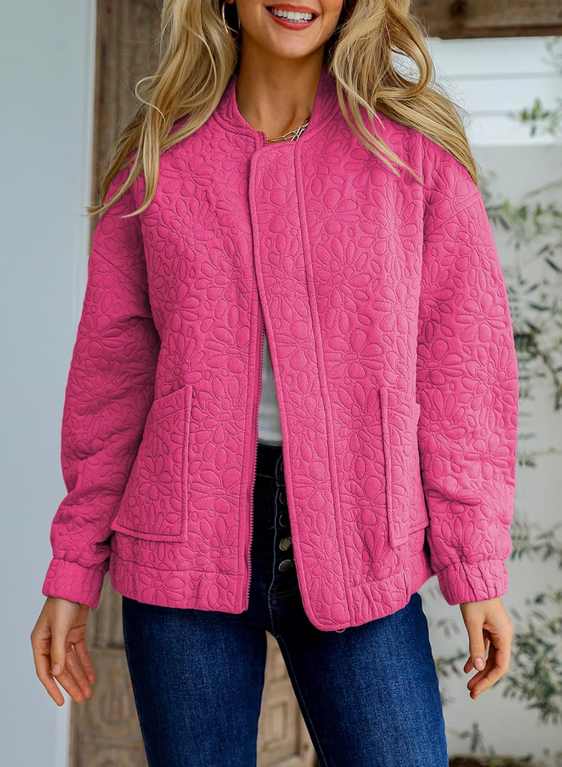 EVALESS Bomber Jackets for Women Spring Fashion 2026 Cute Jacquard Coats Lightweight Zip Up Jackets Dressy Casual - Image 3