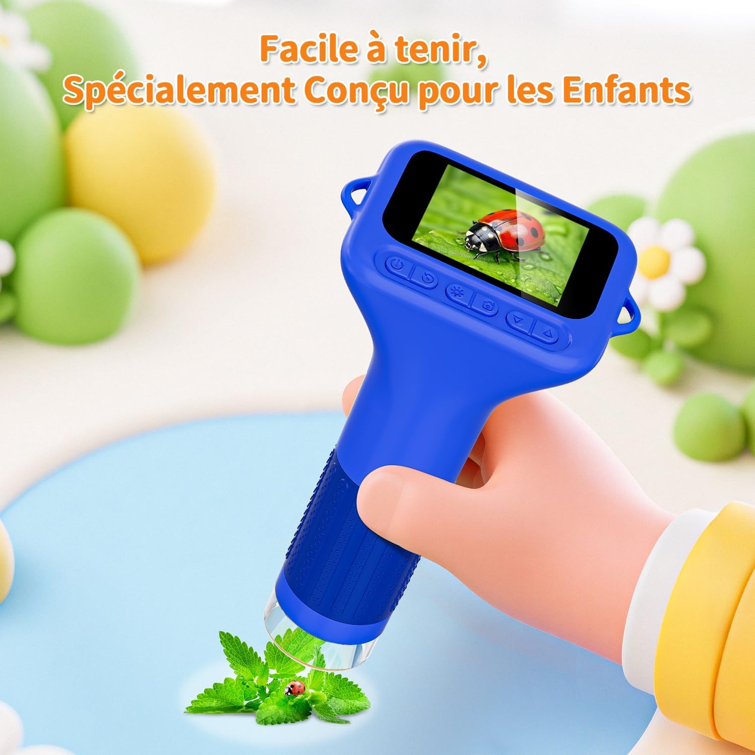Child holding SKYBASIC Digital Microscope, observing a leaf with a ladybug