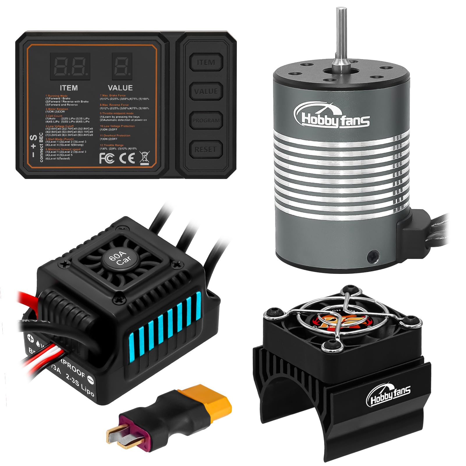 Hobby Fans Waterproof S3650 3900KV Brushless Motor 3.175mm Shaft with 60A Brushless ESC Electric Speed Controller Combo Set with Heatsink and